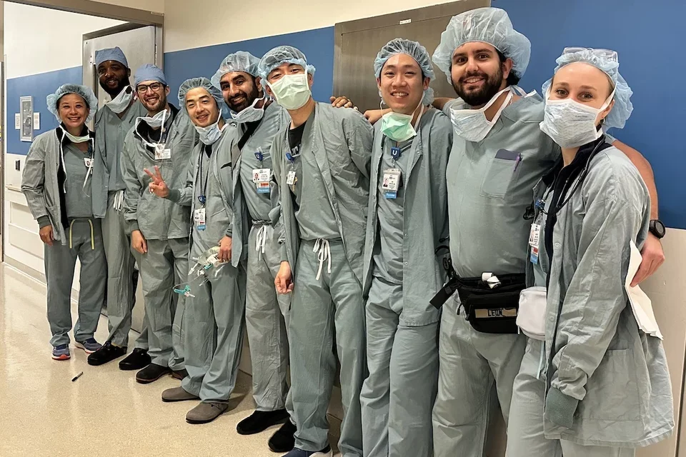  UCLA anesthesiologist Dr. Jason Lee, pictured with his colleagues, all wearing their hospital scrubs 