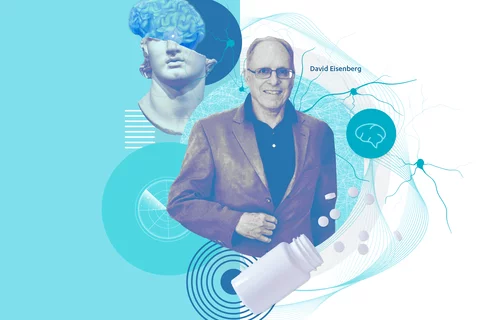 A teal toned graphic of David Eisenberg with shapes and various imagery, representing his 2005 breakthrough