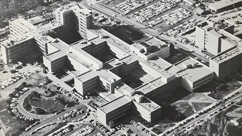 An historical aerial shot of the UCLA south campus, which includes the medical campus